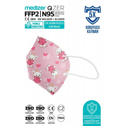 Αποστειρωμένη Παιδική Μάσκα Υψηλής Προστασίας FFP2/N95 QZER Pink Bear | 10τμχ